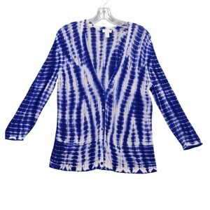 Chico's Tie Dye Cardigan Open Knit Button Front Lightweight Blue White 1 M‎